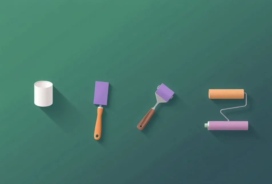 Outils de peinture disposés dans l'ordre des étapes du chantier