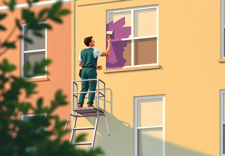 Peintre sur échafaudage traitant la façade d'une maison