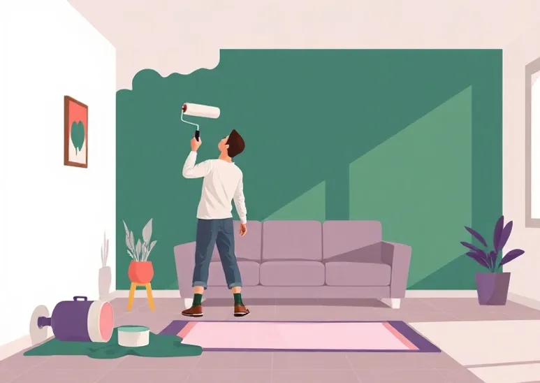 Peintre appliquant la peinture au rouleau sur un mur de salon